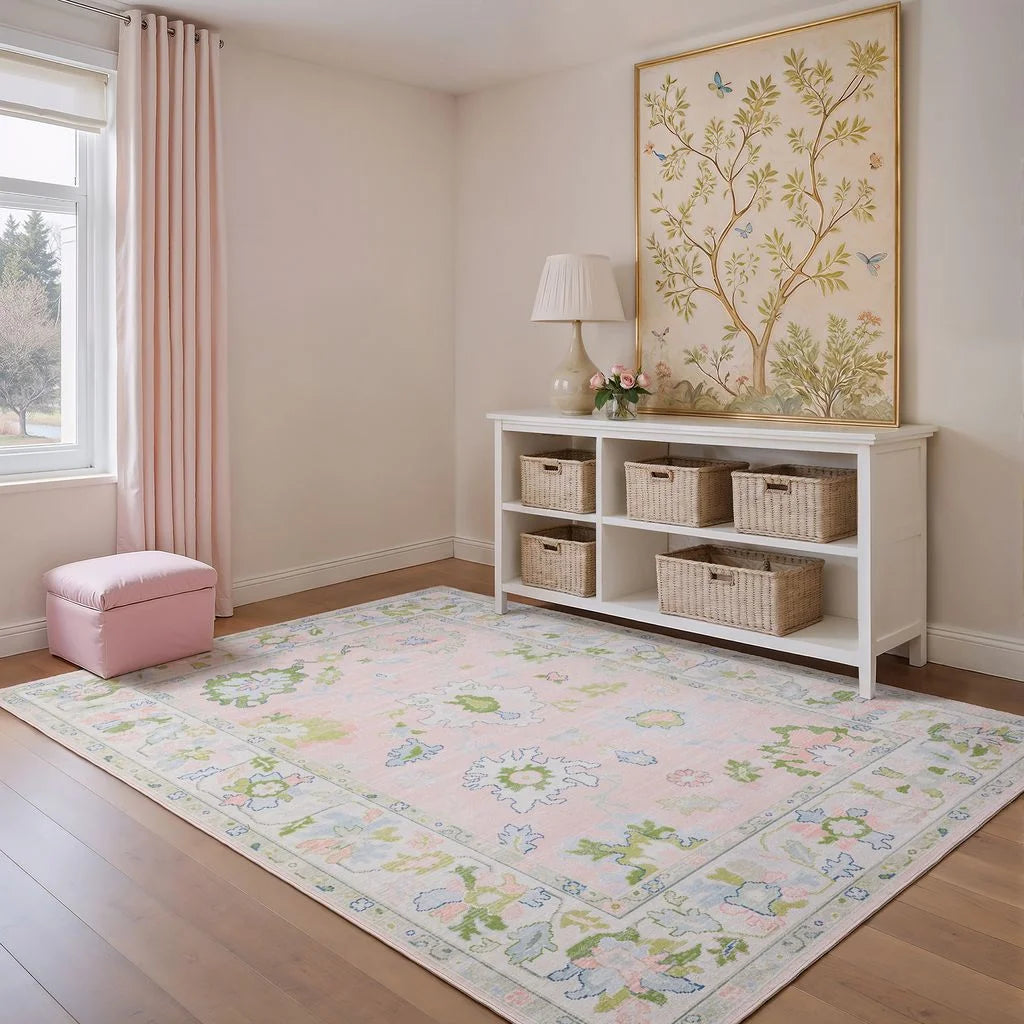 Kugler Traditional Bordered Floral Pink/ Green Printed Washable Flat Pile Area Rug