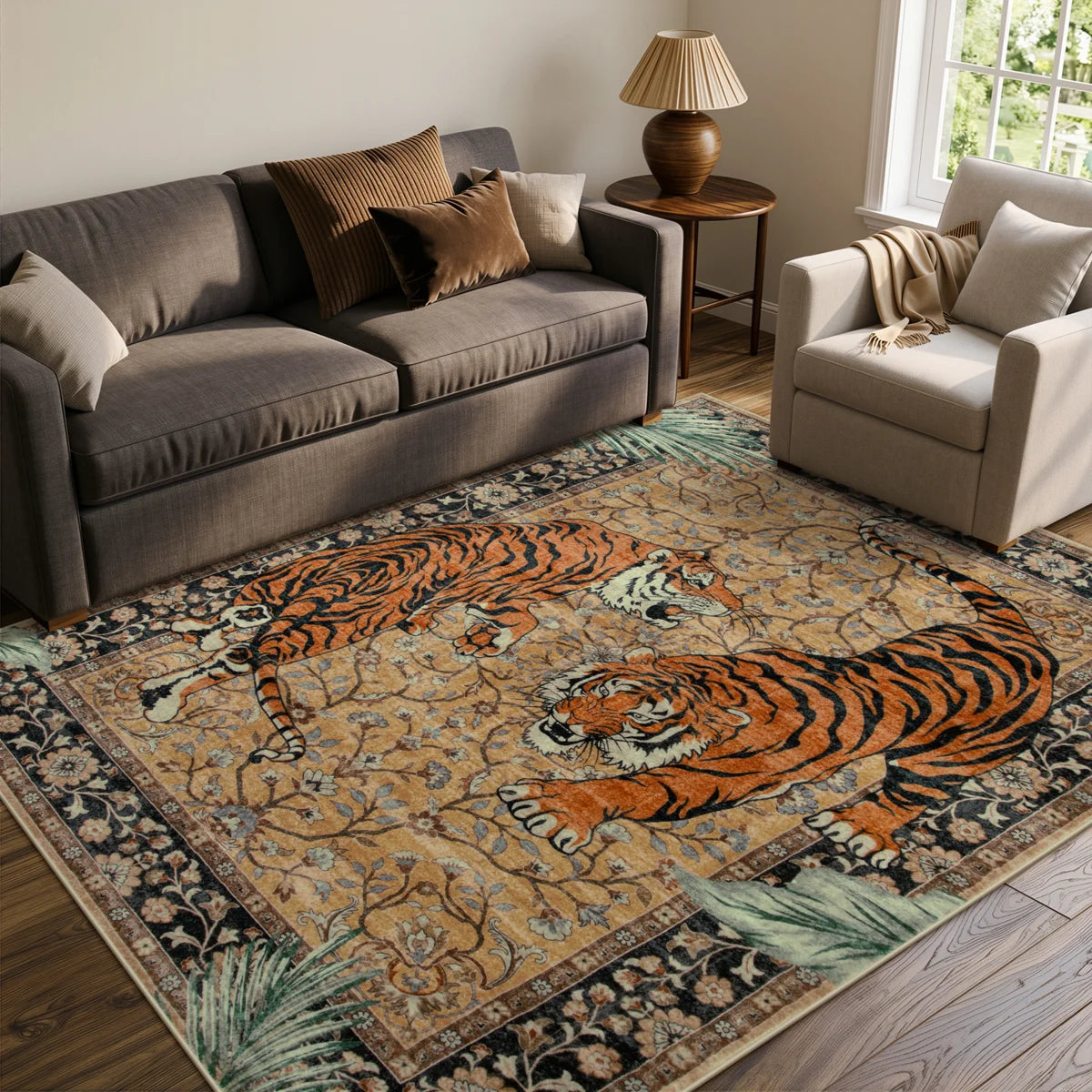 Goldene Vintage Tiger Desert Brown Washable Fall Area Rug - Soft Cashmere Carpet for Living Room, Bedroom, or Office