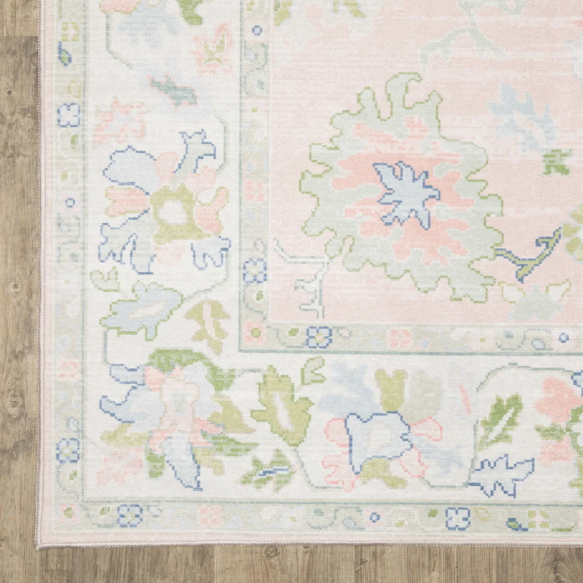 Kugler Traditional Bordered Floral Pink/ Green Printed Washable Flat Pile Area Rug