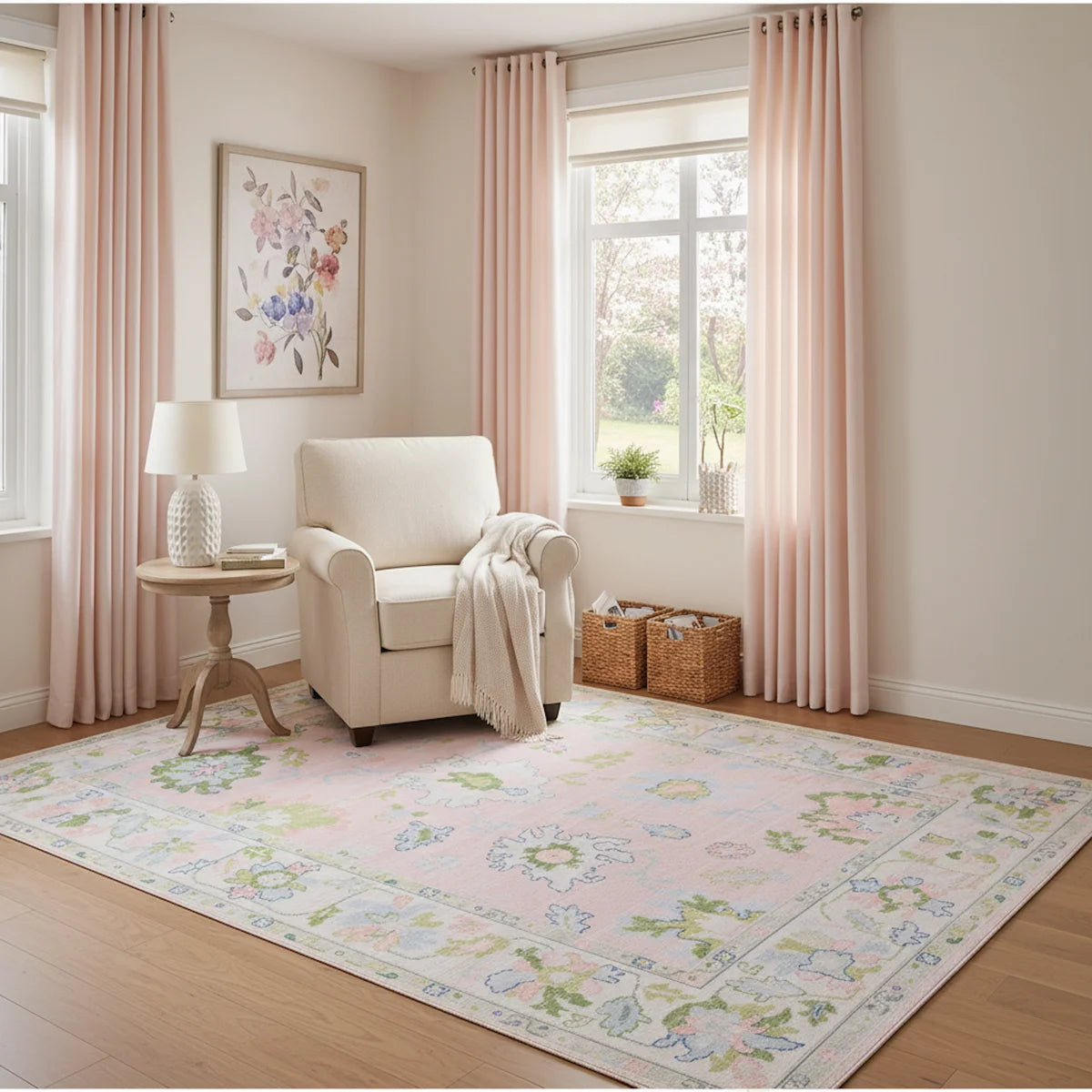 Kugler Traditional Bordered Floral Pink/ Green Printed Washable Flat Pile Area Rug