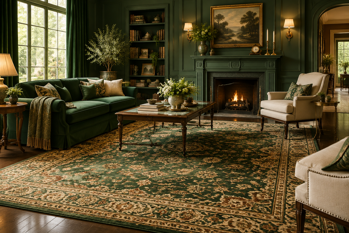 Decorative rugs cover photo in dark green classic style