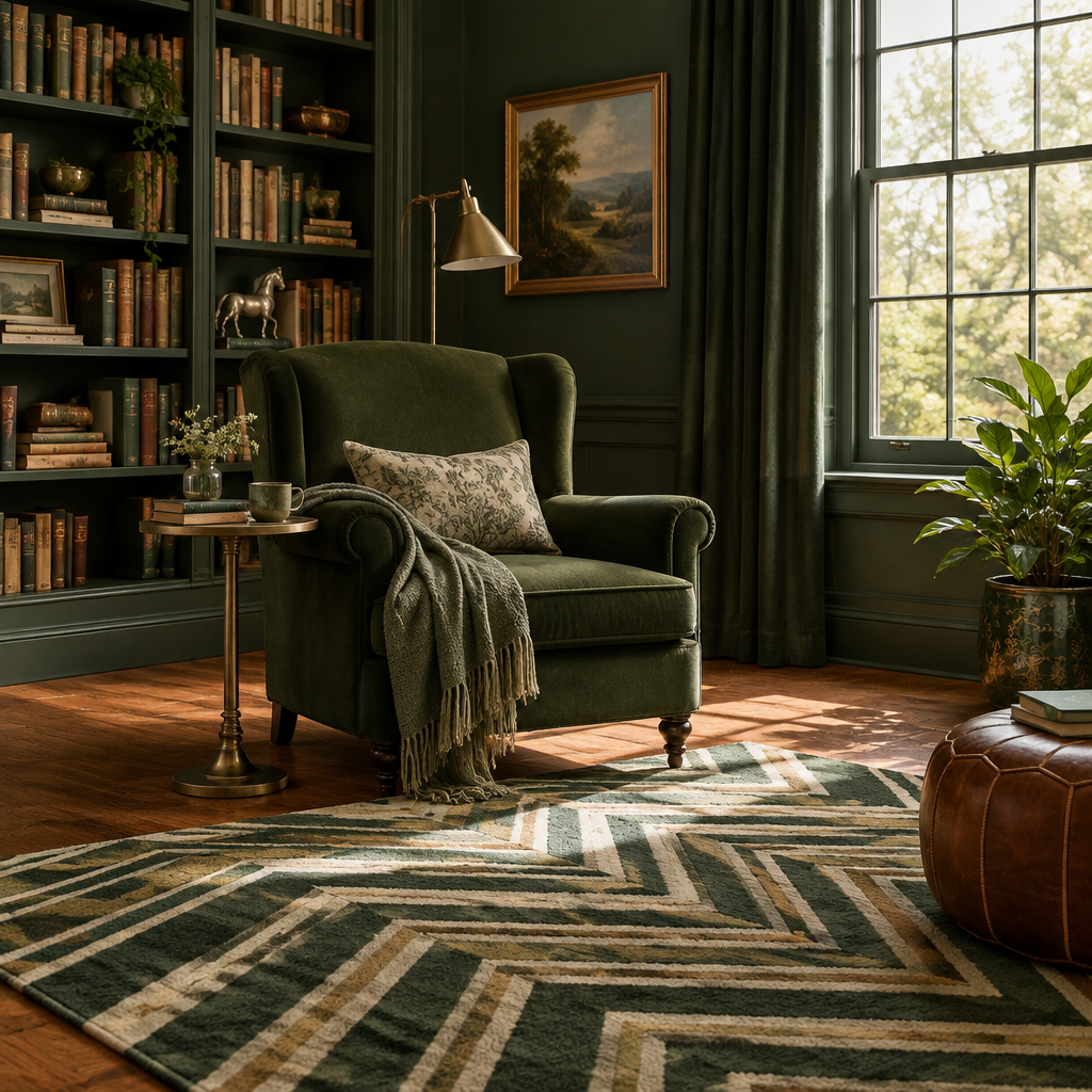 Striped chevron pattern rug in reading nook